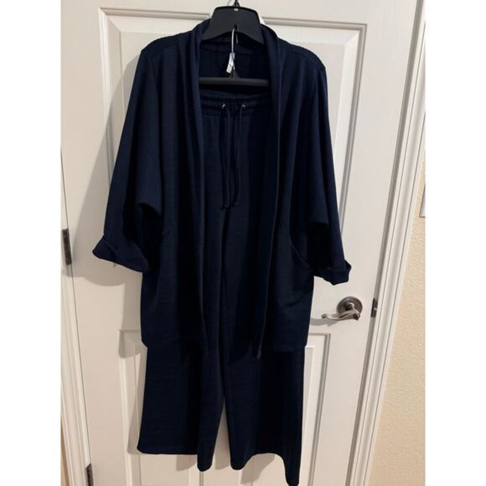 Passports 2pc Travel Lounge Pant Suit Wide Leg Blazer Pockets Blue L